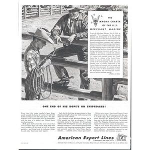 1944 American Export Lines Merchant Marine Vintage Print Ad WW2 Cowboy Wall Art